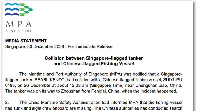 新加坡油轮和中国渔船相撞，8人失踪