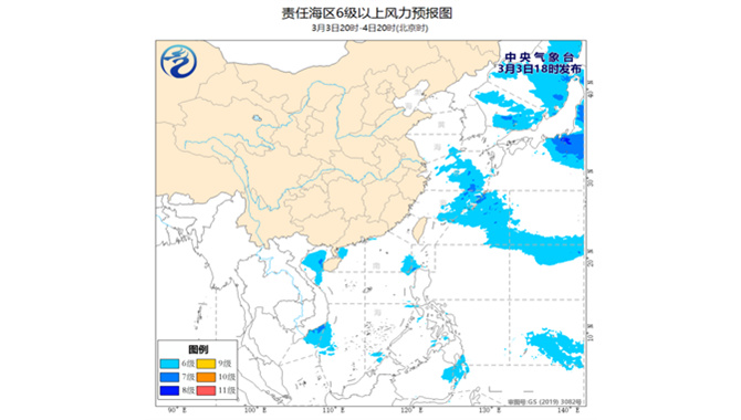 我国部分海域将有5～7级风、阵风8级