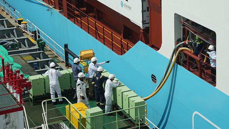 Maersk first dual-fuel boxship in Singapore's first methanol bunkering ::  Lloyd's List